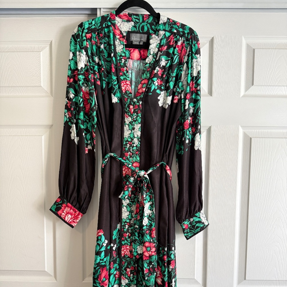 By Anthropologie Midi Shirt Dress in Black Floral Motif Belted Midi XXS